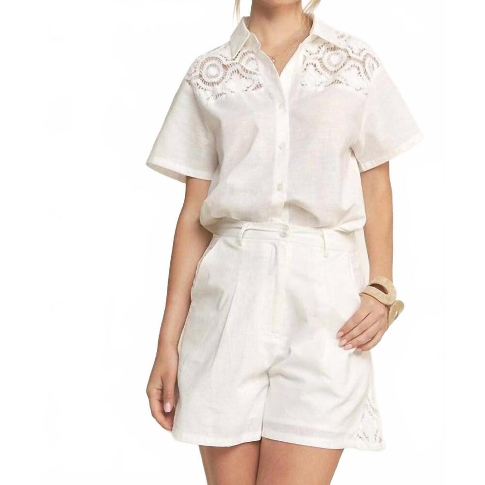 NEW HERSY crochet detail linen top in off white